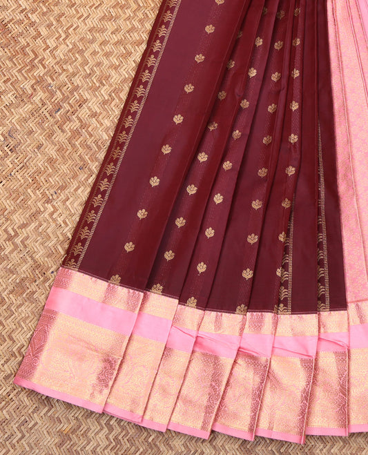 Maroon Budget Silk Saree, Delicately Woven with Zari Buttas All Over Its Body, Complemented by Contrast Traditional Zari Design Rettai Pettu Border, Grand Jaal Pallu, and Paired with a Contrast Blouse