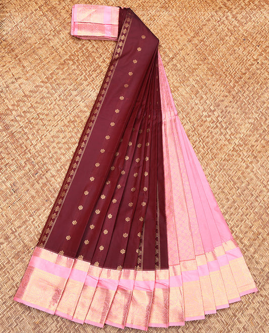 Maroon Budget Silk Saree, Delicately Woven with Zari Buttas All Over Its Body, Complemented by Contrast Traditional Zari Design Rettai Pettu Border, Grand Jaal Pallu, and Paired with a Contrast Blouse