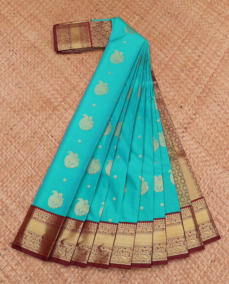 Blue Budget Silk Saree, Enriched with Zari Buttas, Complemented by a Contrast Traditional Zari Border, Grand Pallu, and a Contrast Blouse