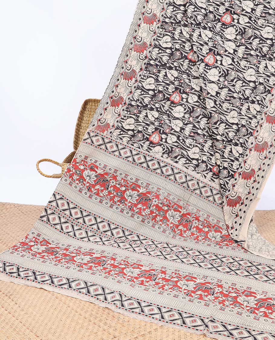 Black unique floral machine-printed kalamkari cotton saree, contrast floral border & floral & diamond pallu