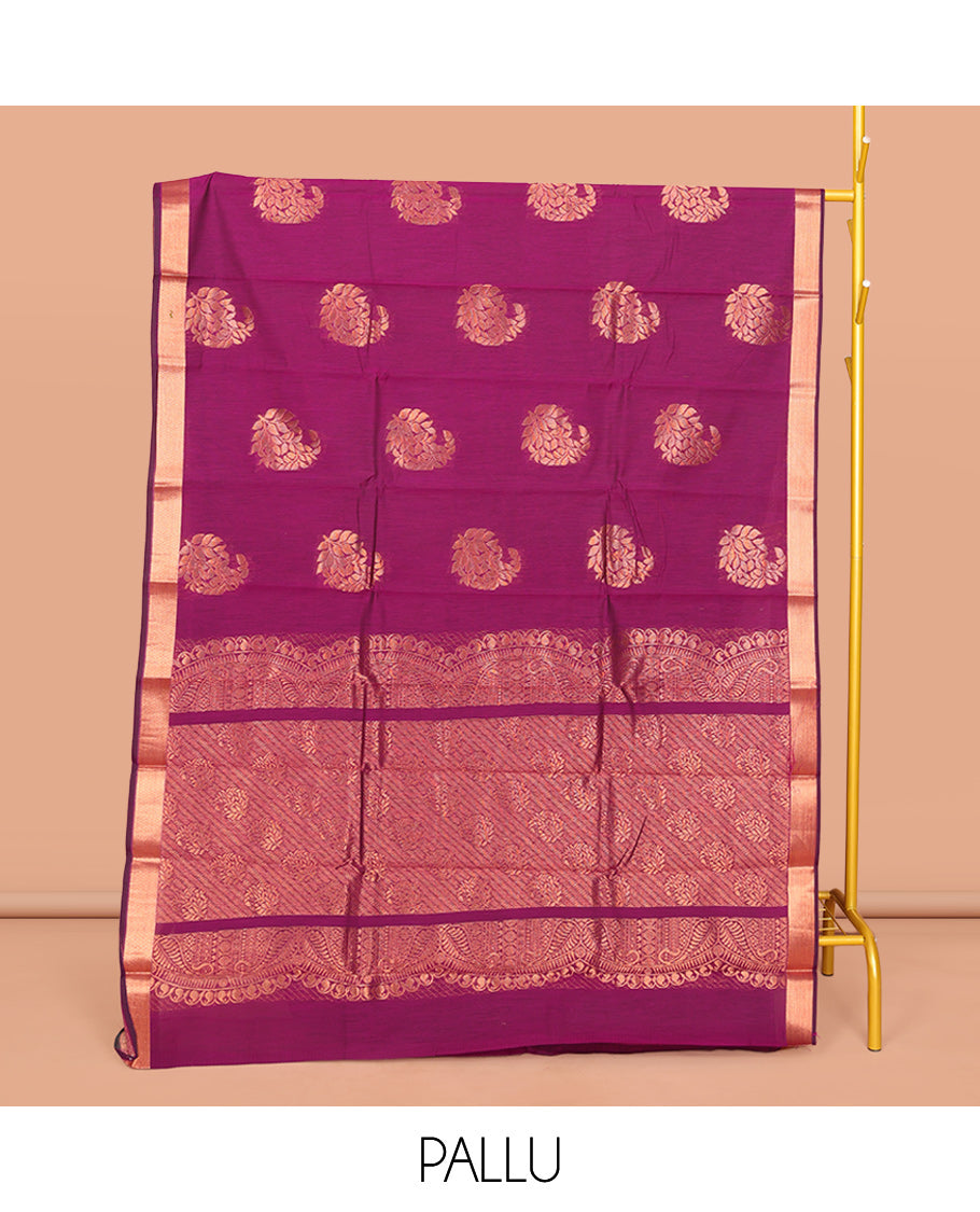 Purple Semi-Silk Cotton Saree, Decorated with Paisley Buttas All Over Its Body, Highlighted by a Zari Border, Pallu with Intricate Designs, and Paired with a Matching Blouse