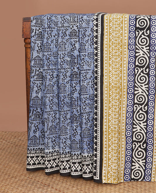 Blue warli village printed mul mul cotton saree, contrast geometric block printed border & pallu of floral-geometric block print