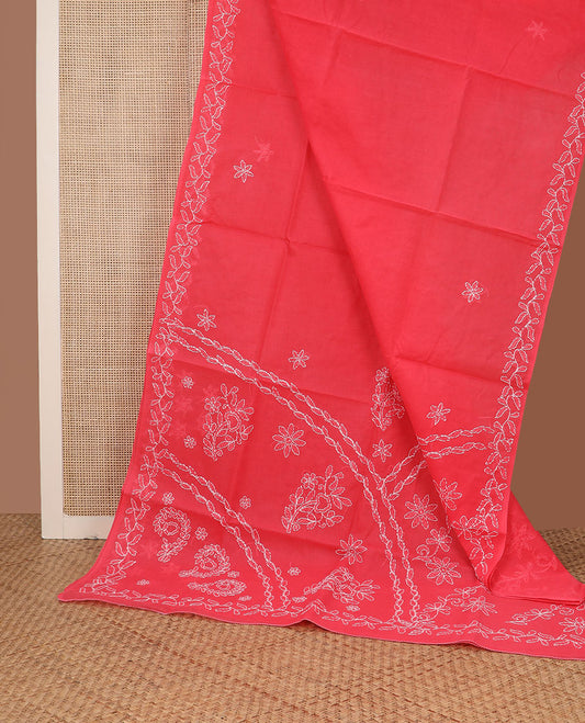 Hot pink flower butta thread embroidered Lucknowi chikankari saree, leaf creeper border, & floral embroidered pallu