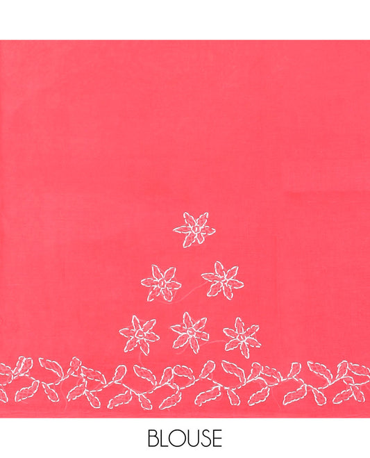 Hot pink flower butta thread embroidered Lucknowi chikankari saree, leaf creeper border, & floral embroidered pallu