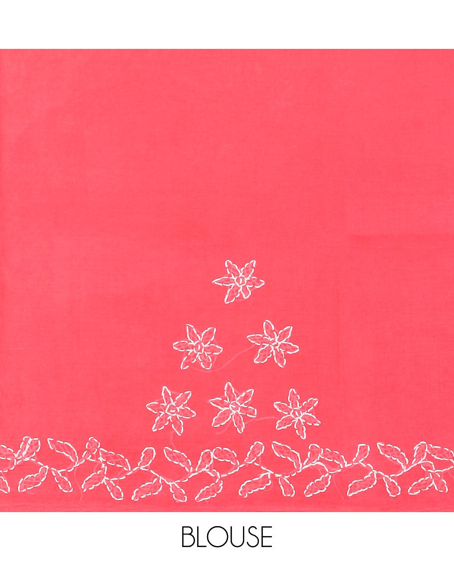 Hot pink flower butta thread embroidered Lucknowi chikankari saree, leaf creeper border, & floral embroidered pallu