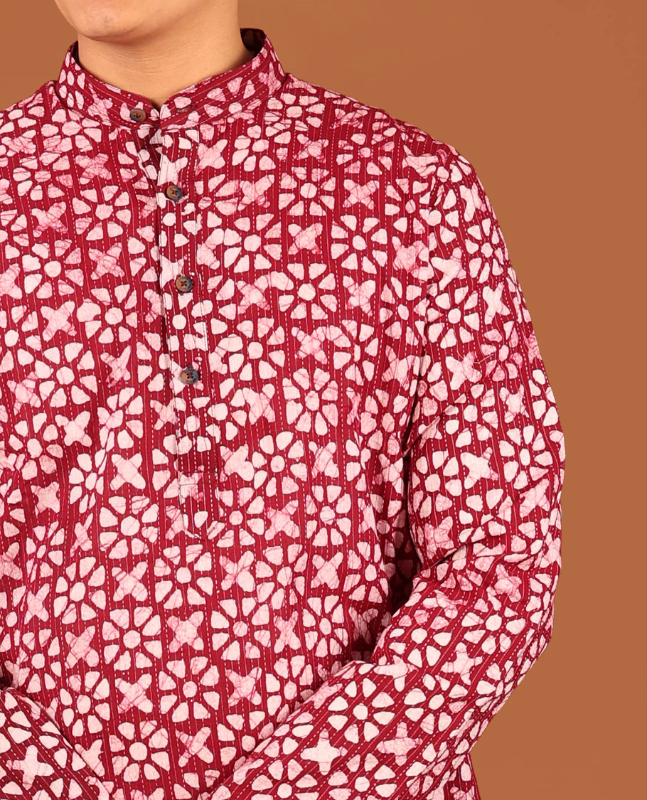 Red Batik-Style Printed Full-Sleeved Men's Kurta