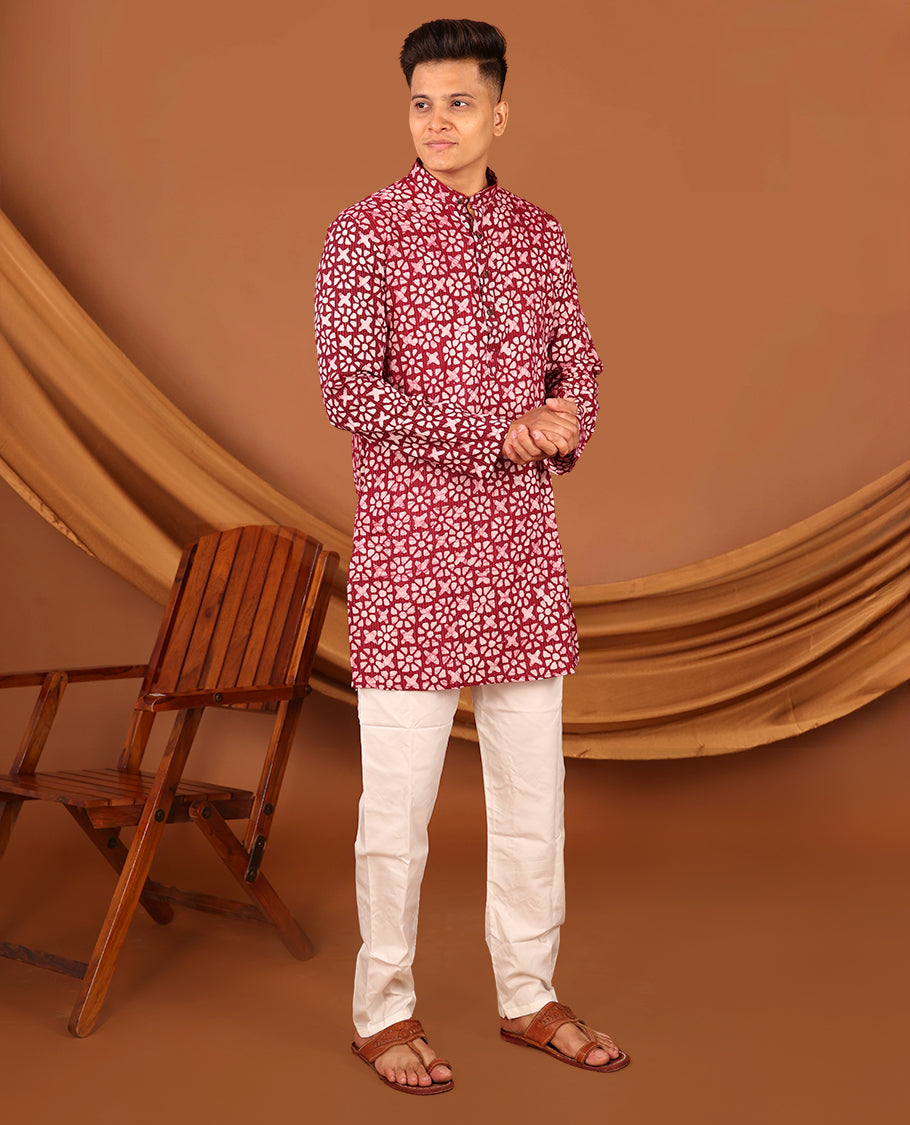 Red Batik-Style Printed Full-Sleeved Men's Kurta