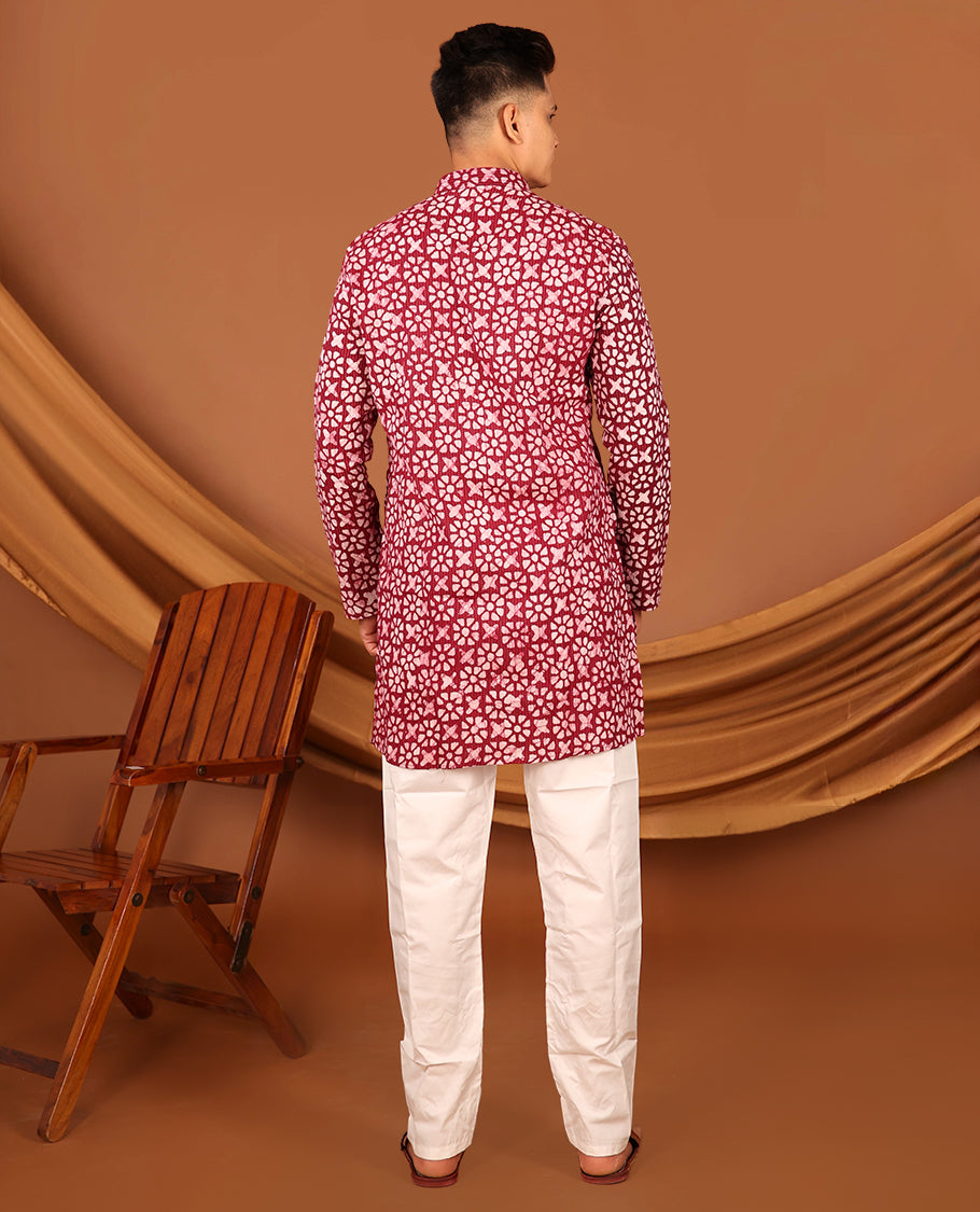 Red Batik-Style Printed Full-Sleeved Men's Kurta