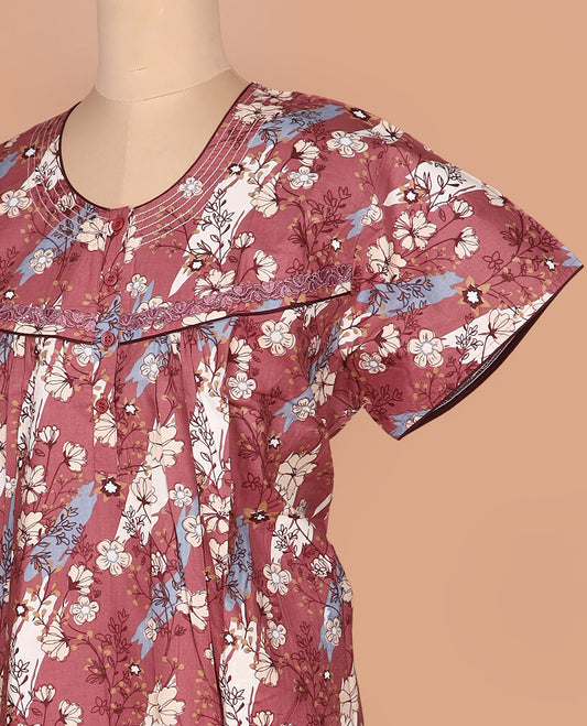 Terracotta red floral printed lace work round necked half-sleeve cotton nighty