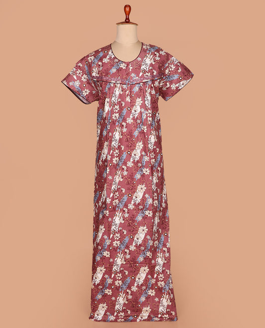 Terracotta red floral printed lace work round necked half-sleeve cotton nighty