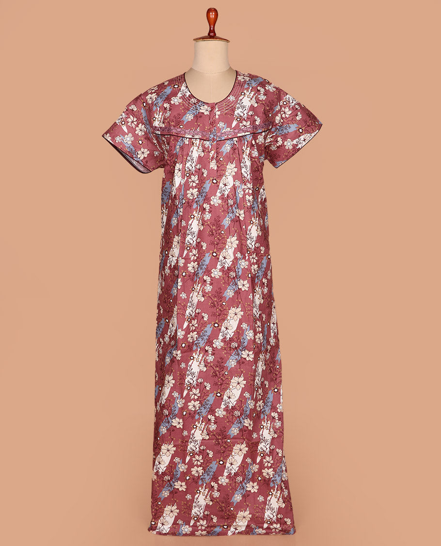Terracotta red floral printed lace work round necked half-sleeve cotton nighty