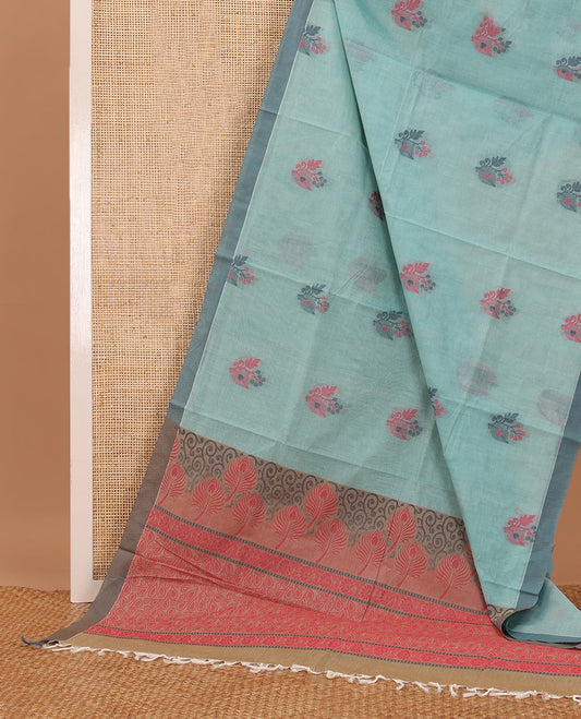Blue floral buttas Coimbatore cotton saree, contrast plain border & floral design pallu
