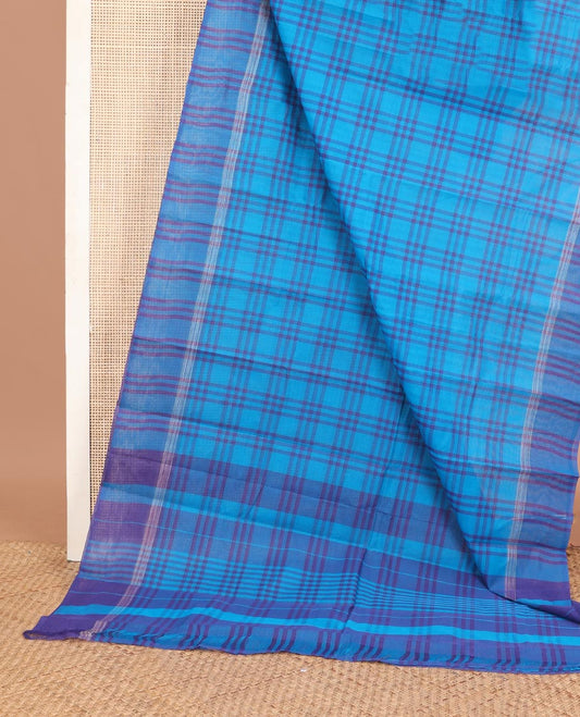 Blue checked chirala cotton saree, self-border & striped pallu