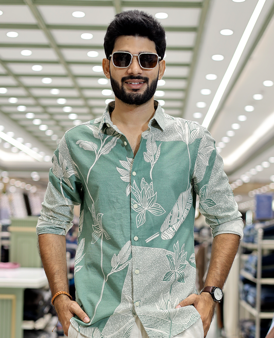 Green Cotton-Blended Tropical Floral Print Casual Shirt