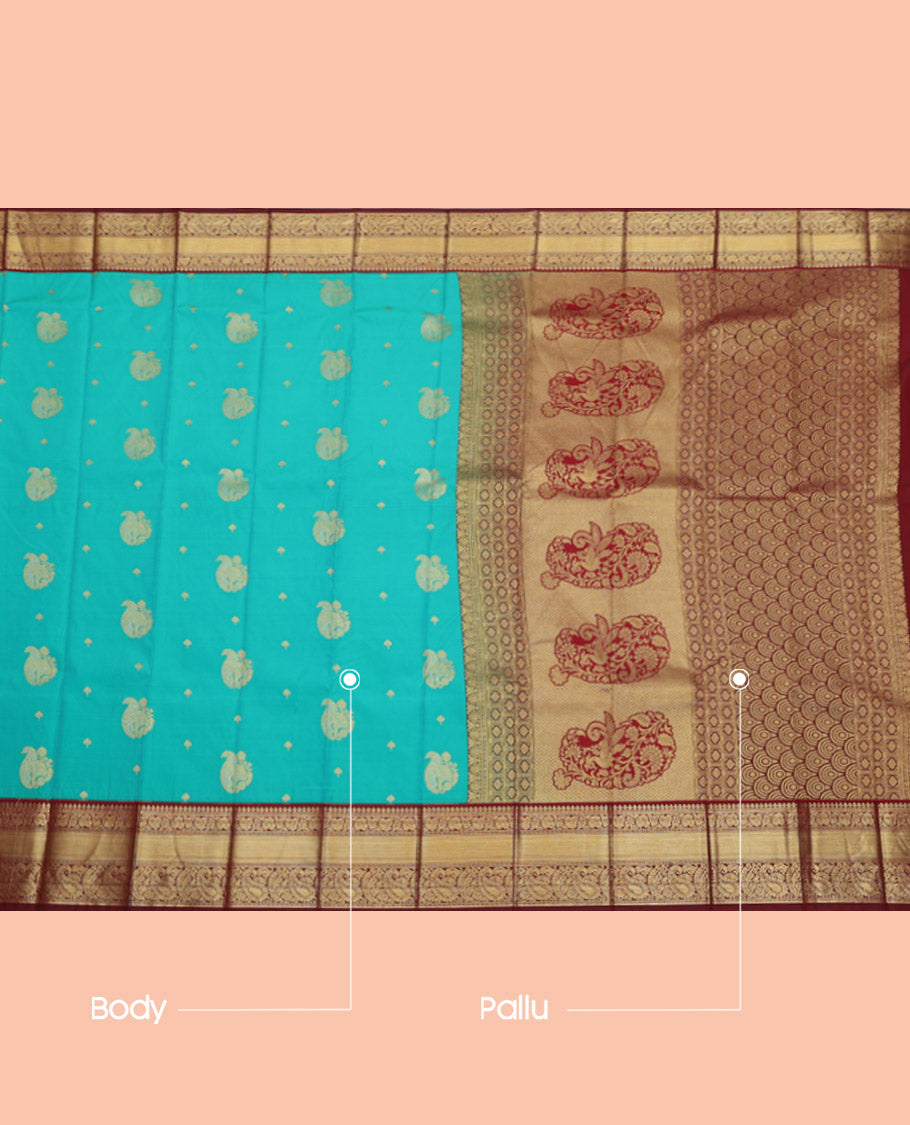 Blue Budget Silk Saree, Enriched with Zari Buttas, Complemented by a Contrast Traditional Zari Border, Grand Pallu, and a Contrast Blouse