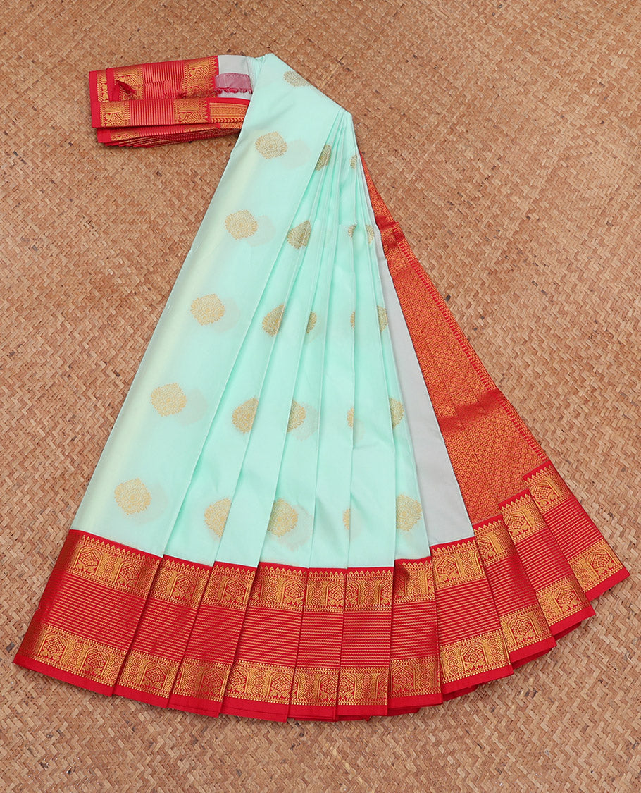 Light Turquoise Budget Silk Saree, Charmingly Accented with Zari Buttas, Complemented by a Contrast Traditional Zari Border, Grand Pallu, and a Contrast Blouse