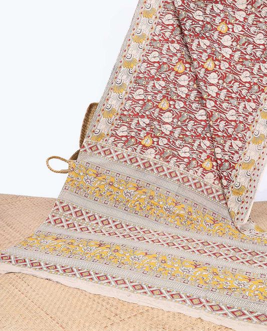 Red unique floral machine-printed kalamkari cotton saree, contrast floral border & floral & diamond pallu