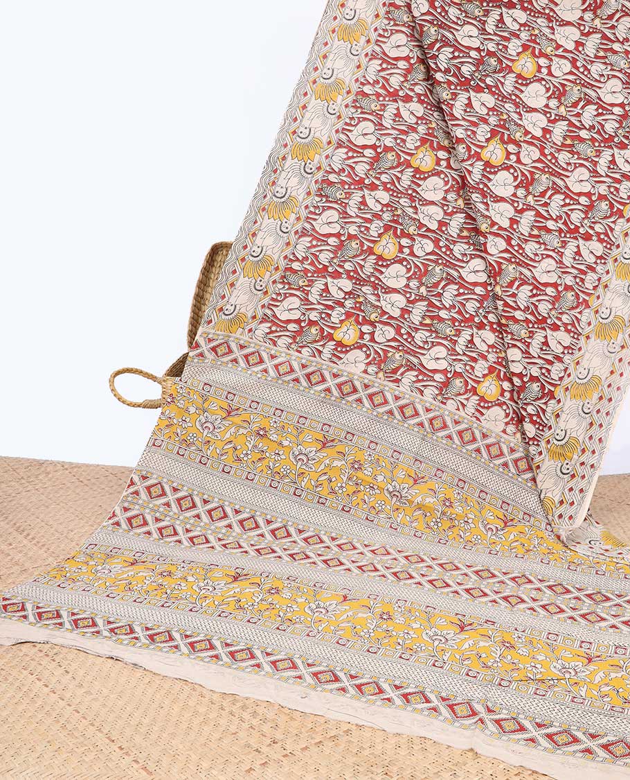 Red unique floral machine-printed kalamkari cotton saree, contrast floral border & floral & diamond pallu