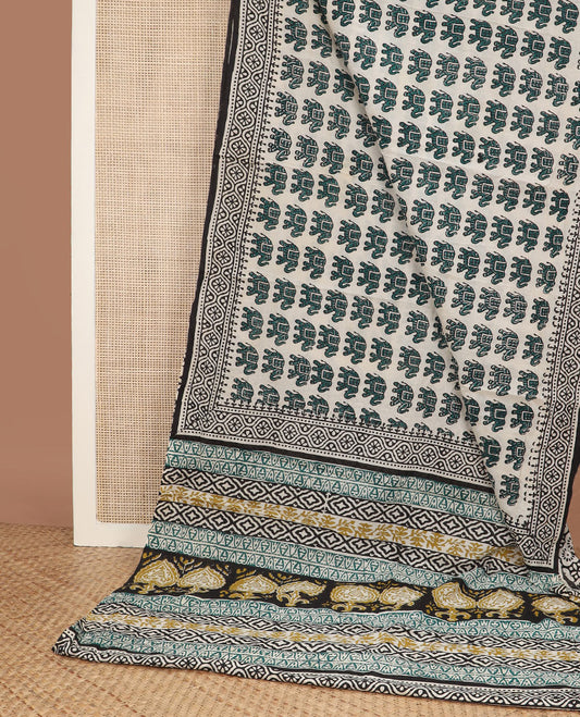 Cream elephant motifs printed mul mul cotton saree, geometric block printed border & pallu of floral-geometric block print