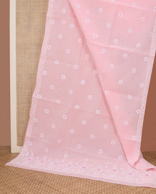 Baby pink flower butta thread embroidered Lucknowi chikankari saree, embroidered self-border, & floral embroidered pallu