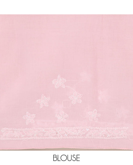 Baby pink flower butta thread embroidered Lucknowi chikankari saree, embroidered self-border, & floral embroidered pallu