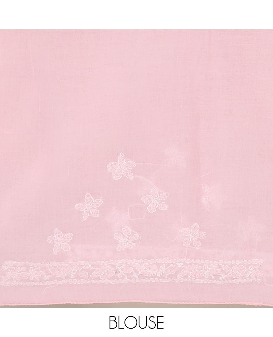 Baby pink flower butta thread embroidered Lucknowi chikankari saree, embroidered self-border, & floral embroidered pallu