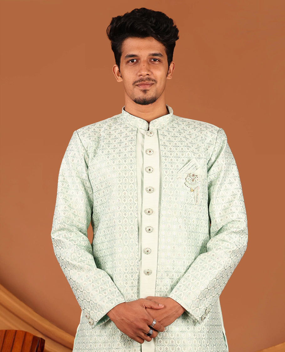 Green Men's Kurta, Artfully Designed with a Jaal-Themed Sequins-Thread Embroidered Full-Sleeved Jacket and Matching Pants