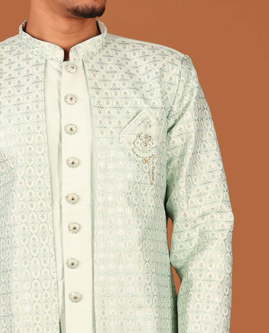 Green Men's Kurta, Artfully Designed with a Jaal-Themed Sequins-Thread Embroidered Full-Sleeved Jacket and Matching Pants