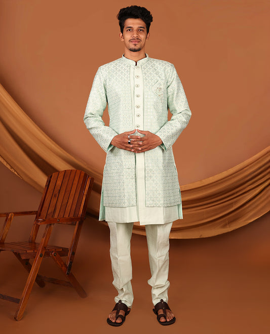 Green Men's Kurta, Artfully Designed with a Jaal-Themed Sequins-Thread Embroidered Full-Sleeved Jacket and Matching Pants