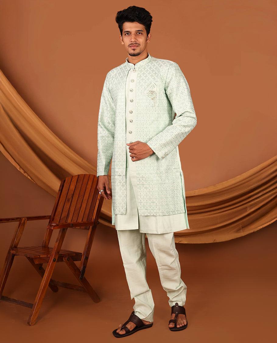 Green Men's Kurta, Artfully Designed with a Jaal-Themed Sequins-Thread Embroidered Full-Sleeved Jacket and Matching Pants
