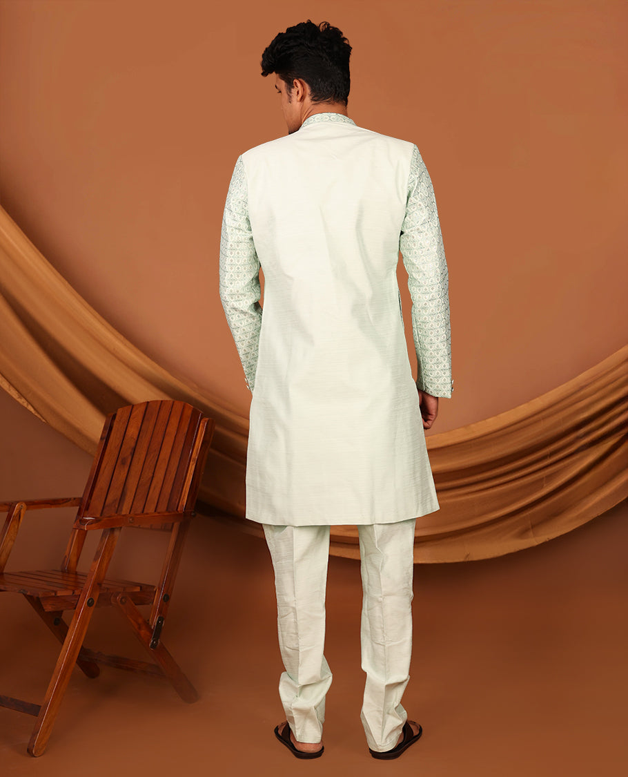 Green Men's Kurta, Artfully Designed with a Jaal-Themed Sequins-Thread Embroidered Full-Sleeved Jacket and Matching Pants