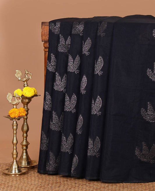 Borderless navy blue lightweight silk cotton saree with leaf zari buttas, zari-rich pallu of leaf designs