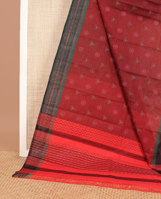 Red chakram & triangle buttas Chirala cotton saree, contrast geometric patterned border & chevron striped pallu