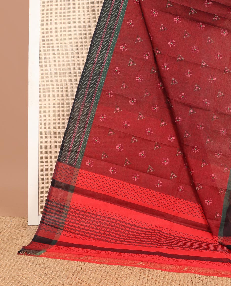 Red chakram & triangle buttas Chirala cotton saree, contrast geometric patterned border & chevron striped pallu
