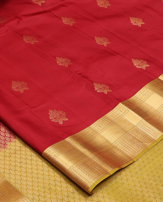 Red zari buttas Vasundhara silk mix, contrast traditional zari design border, and jaal pallu