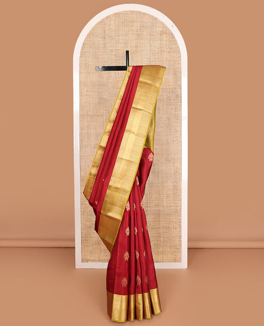 Red zari buttas Vasundhara silk mix, contrast traditional zari design border, and jaal pallu