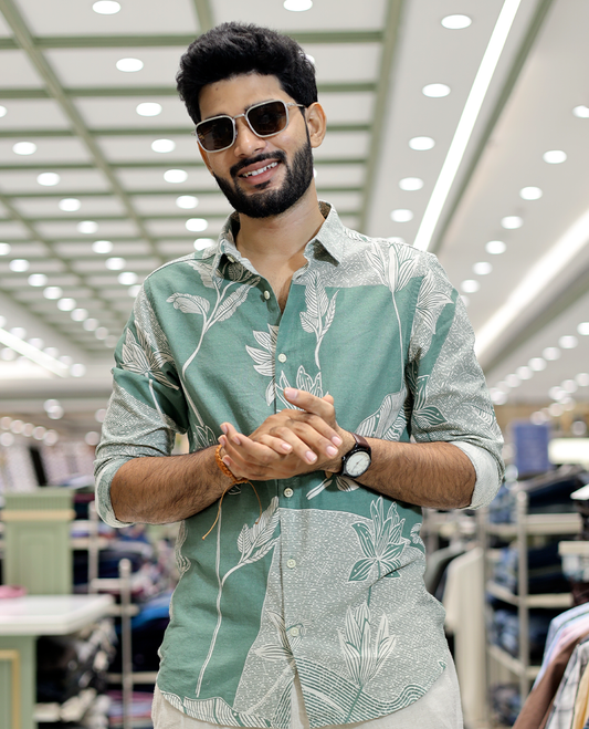 Green Cotton-Blended Tropical Floral Print Casual Shirt