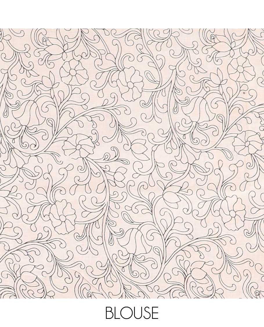 Red unique floral machine-printed kalamkari cotton saree, contrast floral border & floral & diamond pallu