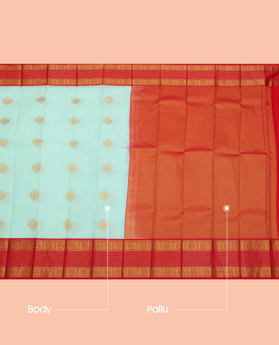 Light Turquoise Budget Silk Saree, Charmingly Accented with Zari Buttas, Complemented by a Contrast Traditional Zari Border, Grand Pallu, and a Contrast Blouse