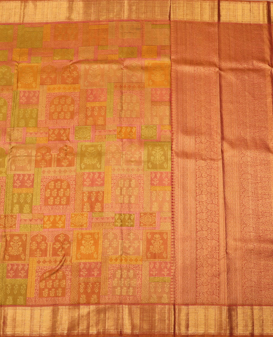 Multi-color meenakari Mughal-style jacquard silk saree, zari border of banaras,rudraksham & vanki design & intricate pallu