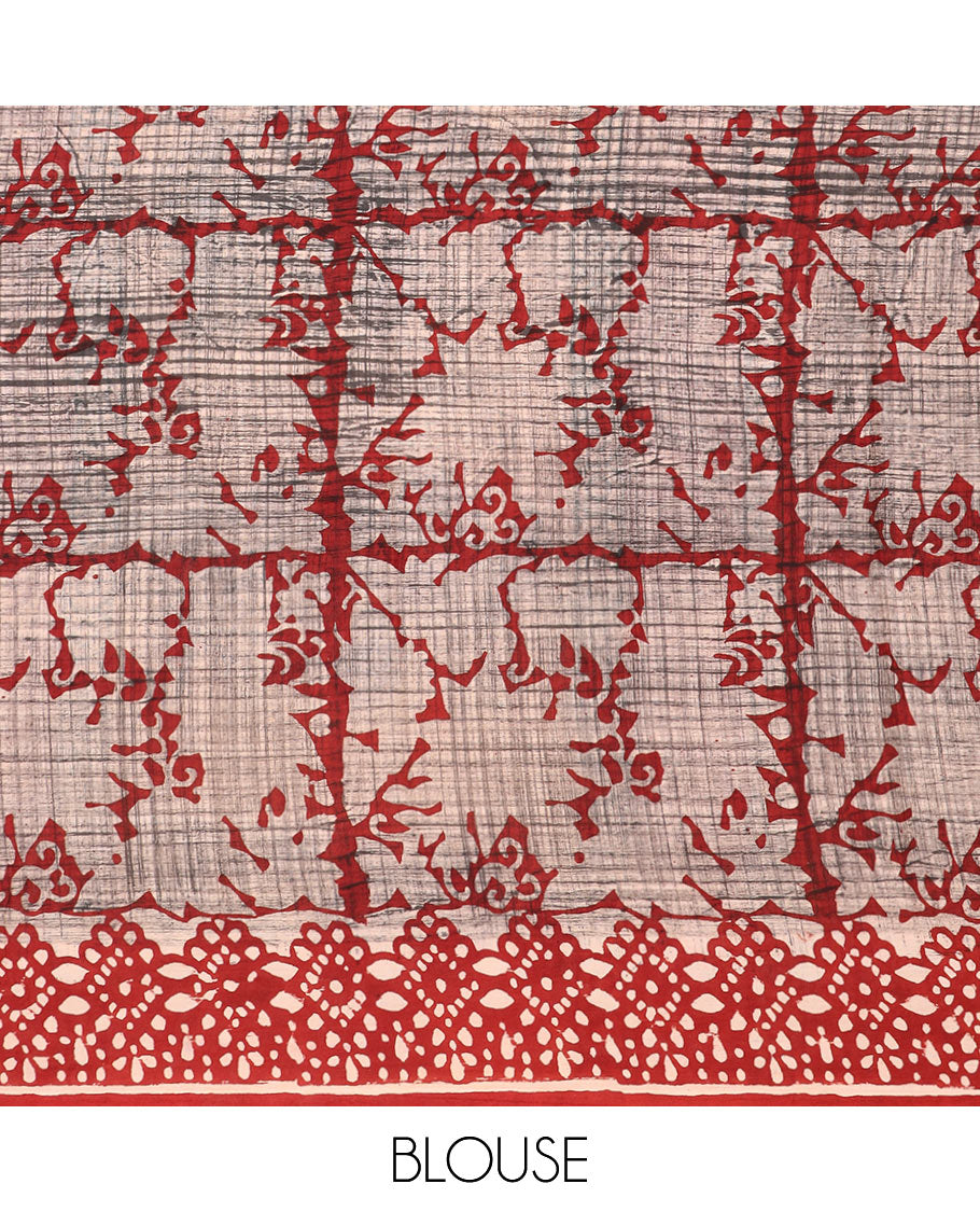 Brown camel motifs printed mul mul cotton saree, contrast block printed border & pallu of floral-geometric block print
