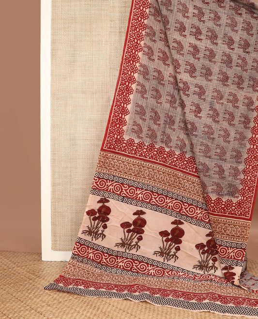 Brown camel motifs printed mul mul cotton saree, contrast block printed border & pallu of floral-geometric block print