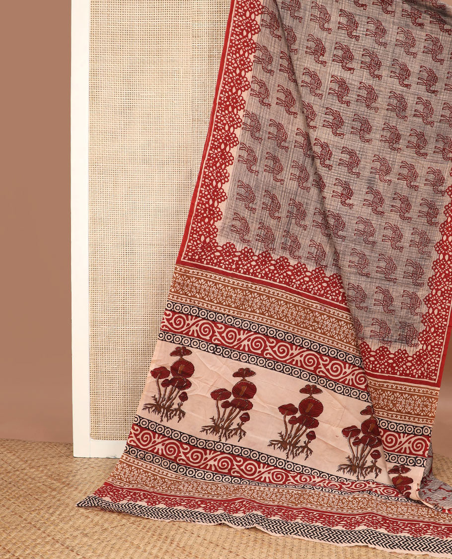Brown camel motifs printed mul mul cotton saree, contrast block printed border & pallu of floral-geometric block print