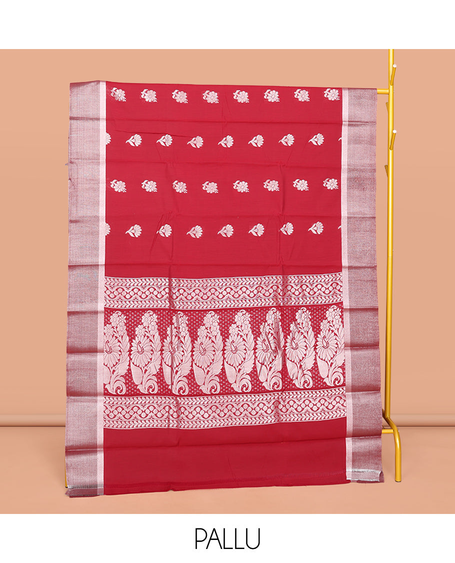 Red Semi-Silk Cotton Saree, Elevated with Zari Buttas All Over Its Body, Highlighted by a Zari Border, Grand Pallu of Intricate Designs, and Paired with a Matching Blouse