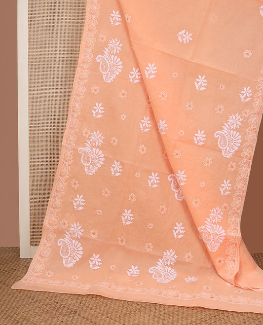 Cantaloupe orange flower butta thread embroidered Lucknowi chikankari saree, floral embroidered border, & paisley embroidered pallu