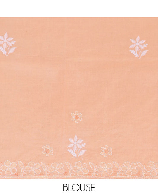 Cantaloupe orange flower butta thread embroidered Lucknowi chikankari saree, floral embroidered border, & paisley embroidered pallu