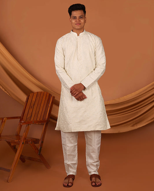 Cream Thread Embroidered Full-Sleeved Men's Kurta Matching Pants