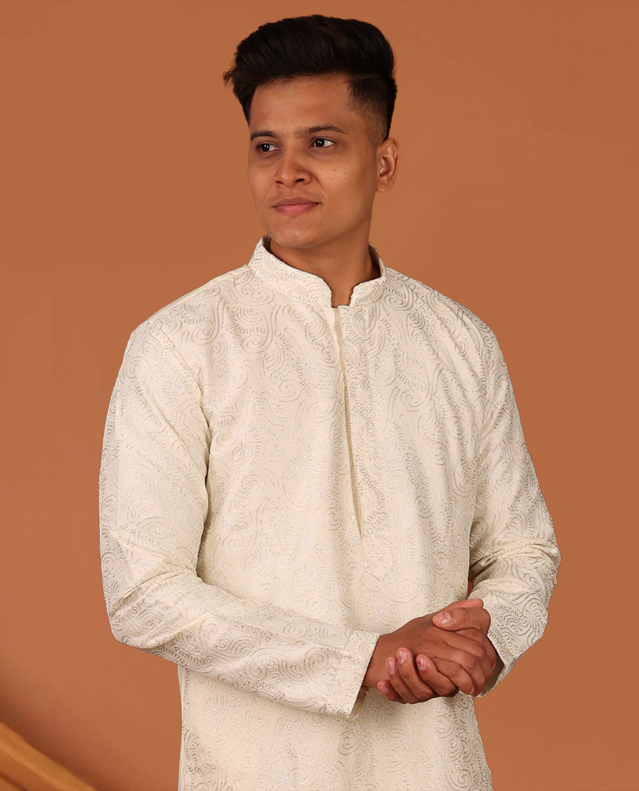 Cream Thread Embroidered Full-Sleeved Men's Kurta Matching Pants