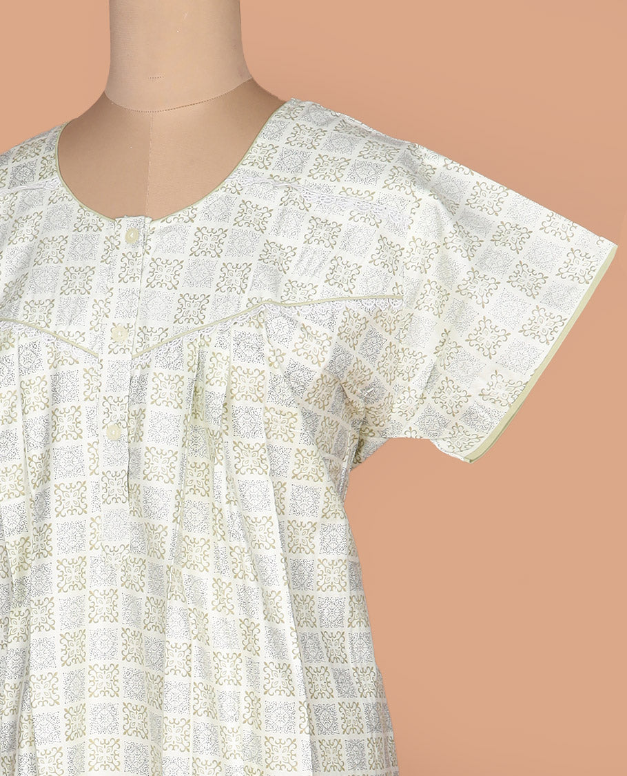 White intricate printed with round neck half-sleeve cotton nighty