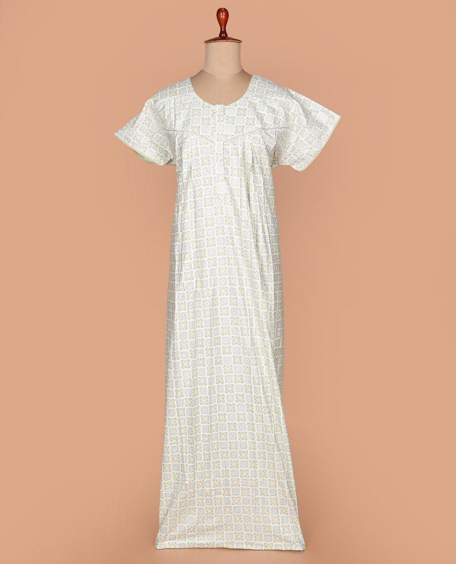 White intricate printed with round neck half-sleeve cotton nighty
